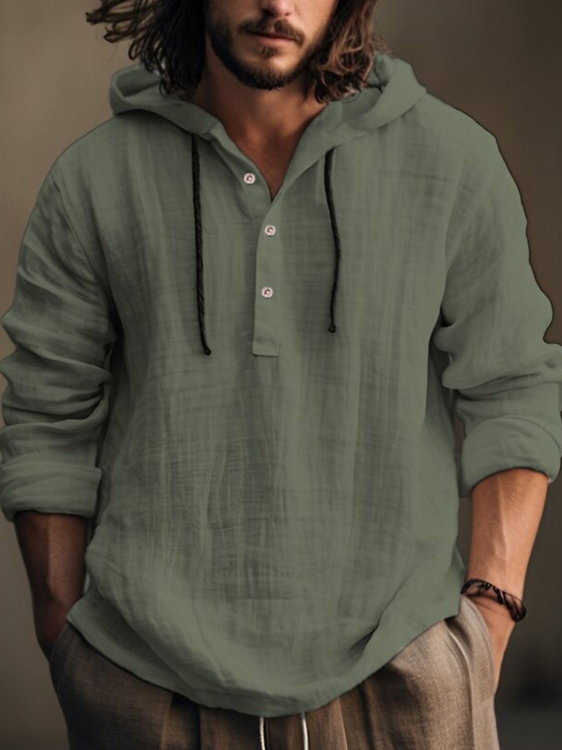 Men’s Full Size Half Button Long Sleeve Hoodie
