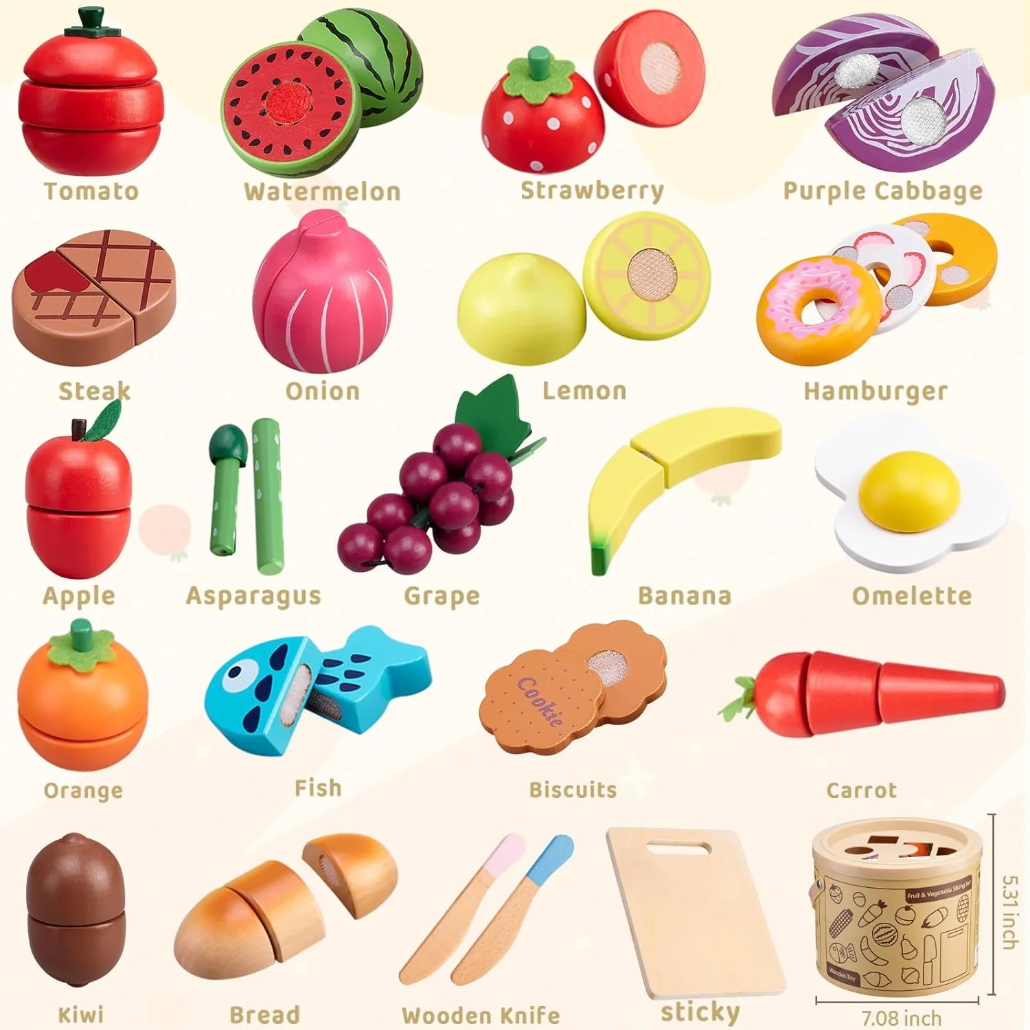 45 Pcs Wooden Pretend Play Food Set for Kids Kitchen - Realistic Cutting Fruits & Veggies with Easy-Cleanup Storage Bucket, Montessori Learning Toy Gift for Toddlers Ages 3-6