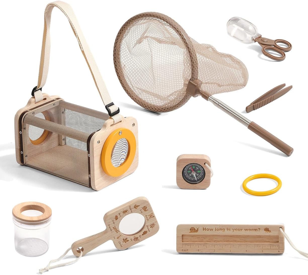 Montessori Wooden Bug Catcher Kit for Kids - 8-in-1 Outdoor Explorer Set with Habitat, Net & Magnifying Glass STEM Learning Toys for Ages 3-8 Nature Gift for Boys & Girls