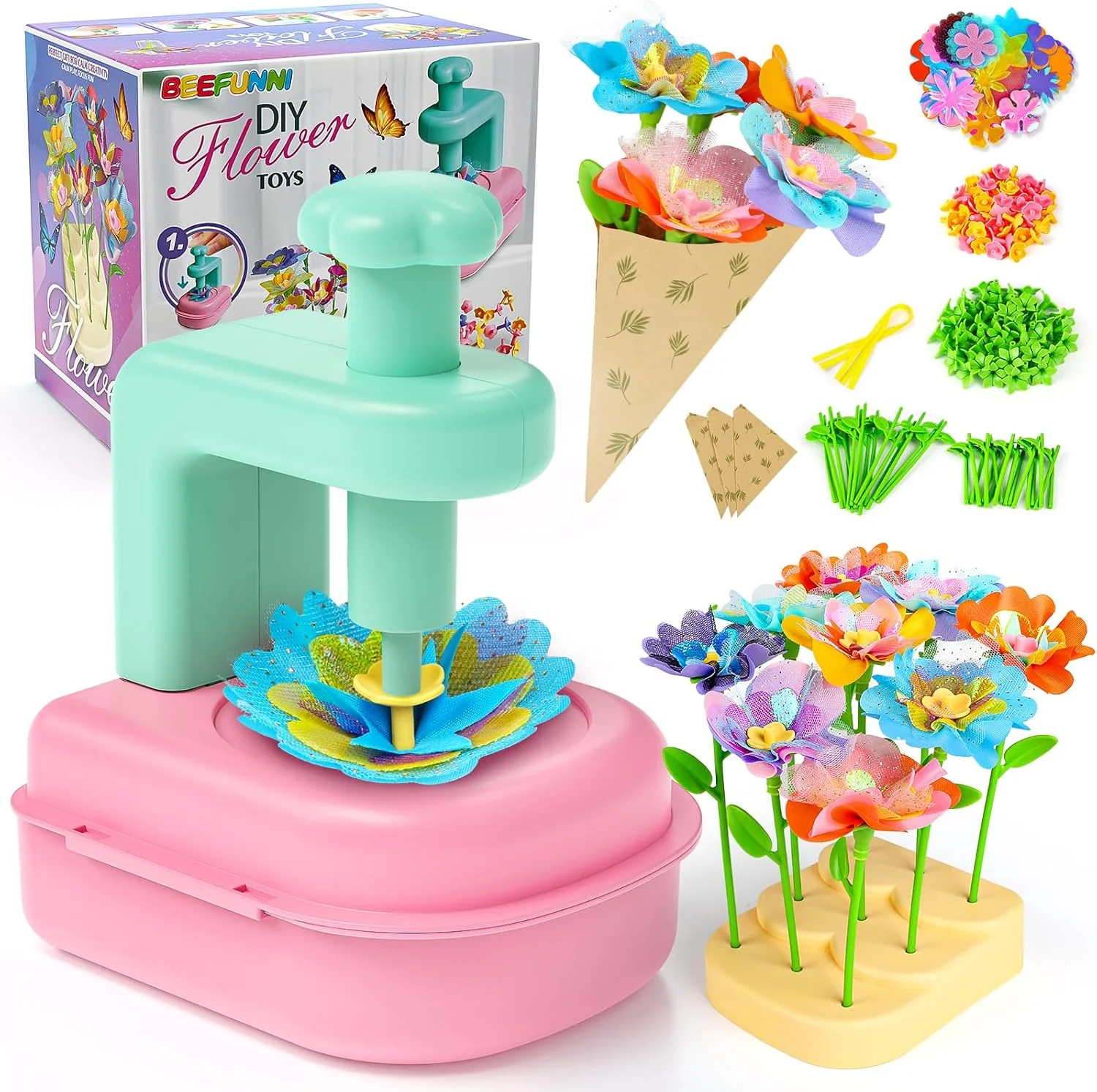 beefunni Flower Bouquet Craft Kits, DIY Arts and Crafts for Kids 4-6-8, Upgrade Colorful Flowers Toys for 4 5 6 7 8+Year Old Girl Birthday Gifts Ideas, Mothers Day Gifts for Mom, Gift for Kids Toddler