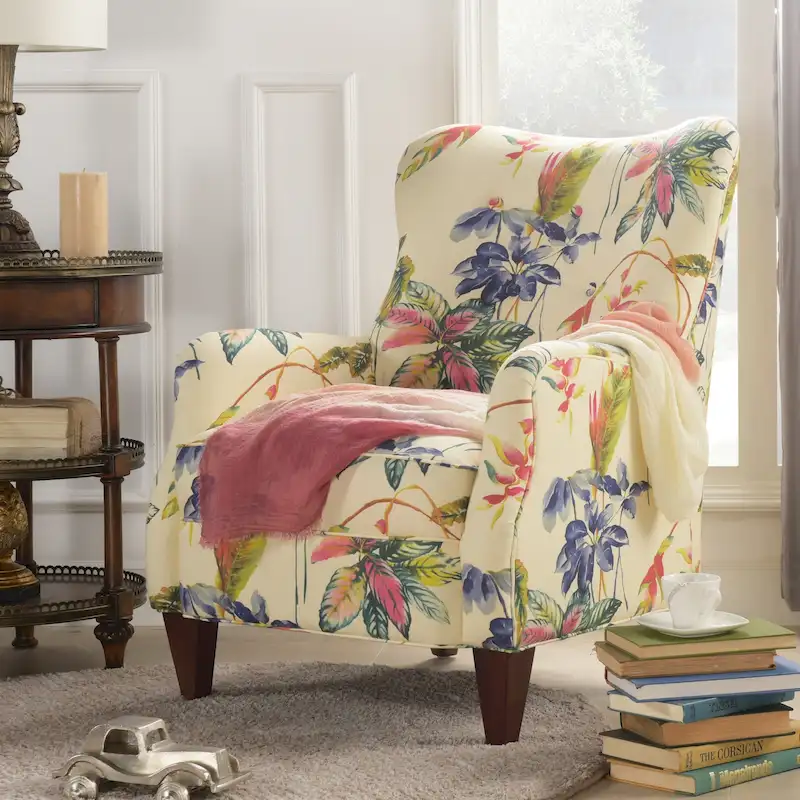 Floral Print Upholstered Armchair with Birchwood Frame