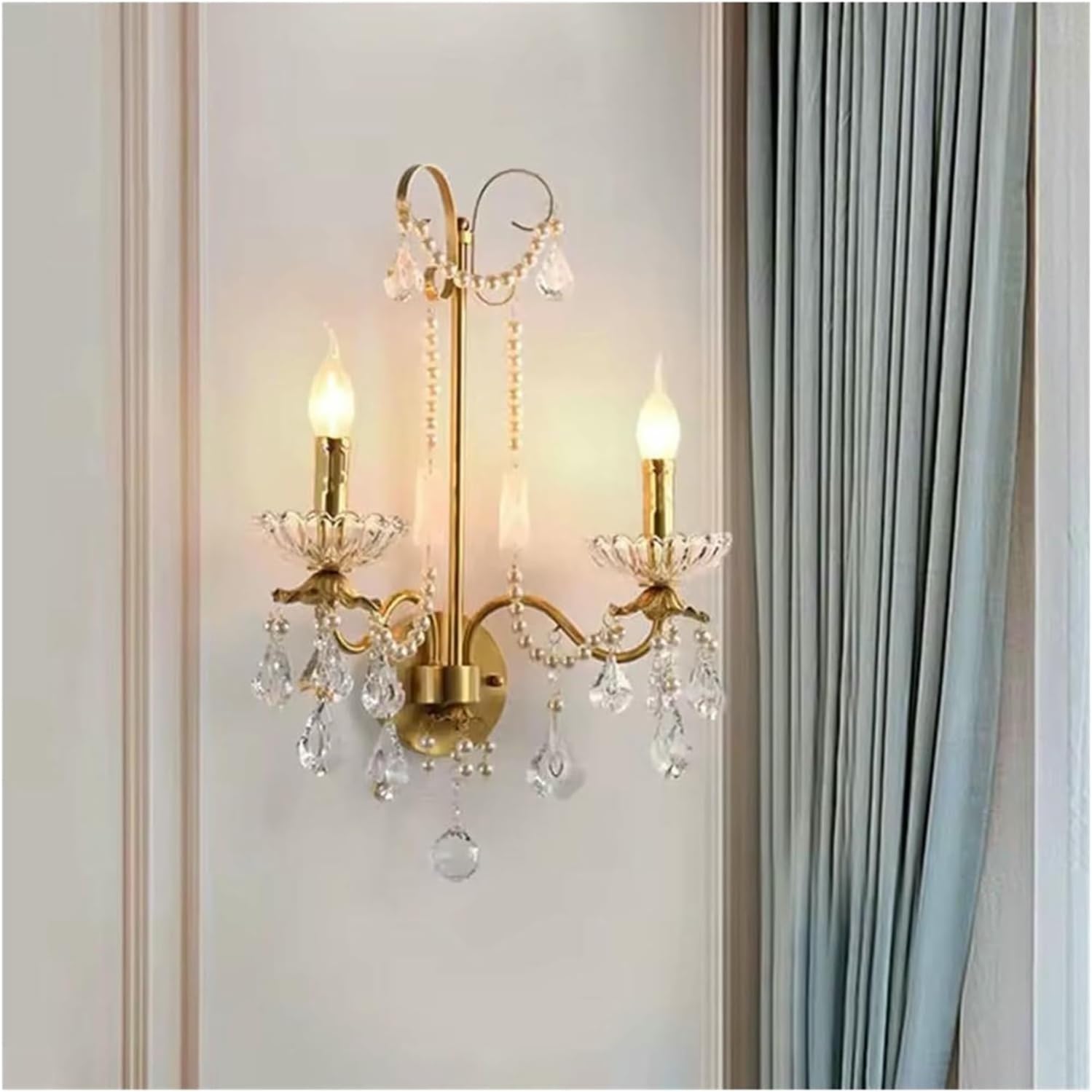 Wall Lamp French Luxury Retro Palace Crystal Pearl Wall Lamp Corridor Bedroom Bedside Living Room Dector Aisle Staircase Candle Lighting,Indoor(Warm Light)