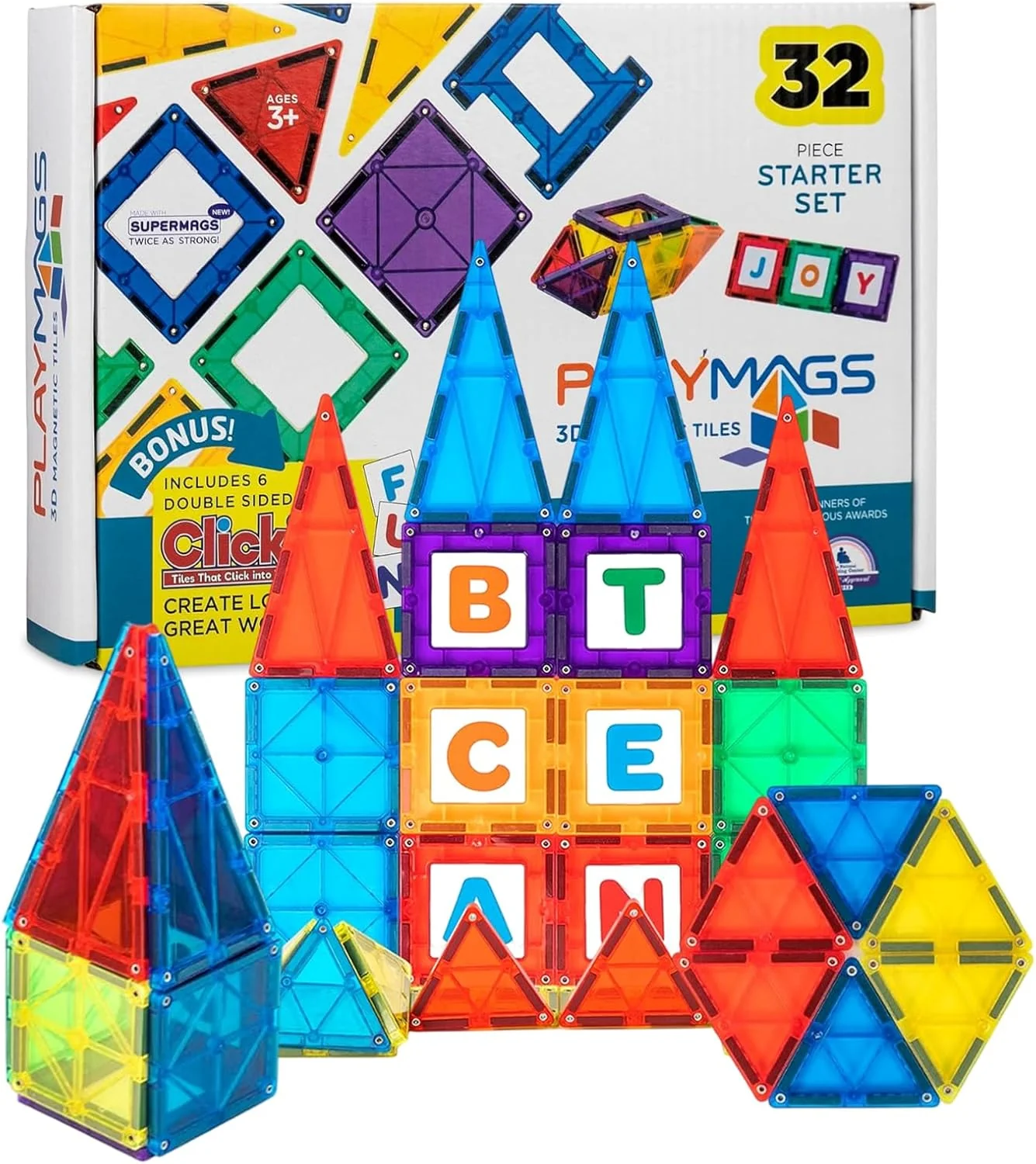 Playmags Magnetic Tiles for Kids 100-Piece Set, STEM Educational Building Blocks Toys for Kids, Includes Click-in ABC Learning Tiles, Gift for Boys & Girls, Add on Magnetic Figures, Car Set Available
