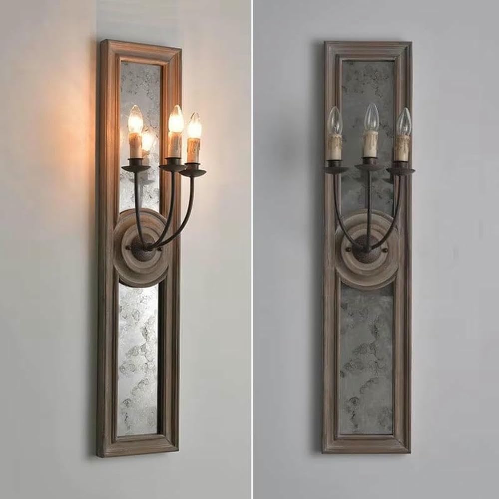 Wall Lamp American Retro Wooden Mirror Frame Wall Lamp French Living Room Bedroom Corridor Porch Old Iron Candle(Warm Light)