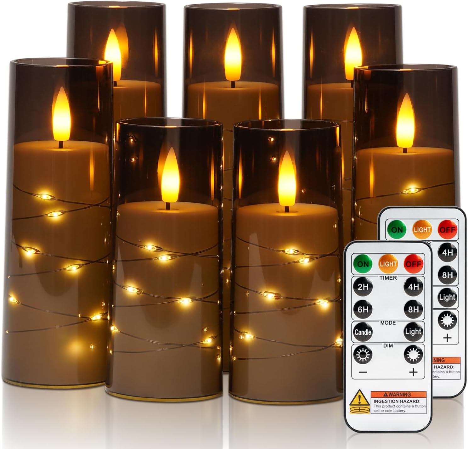 Raycare Flameless Candle with Remote Timer �C 9 Flickering Acrylic Battery Operated LED Pillar Candles with Embedded Star String for Halloween, Home Decor, and as a Gift (Orange)