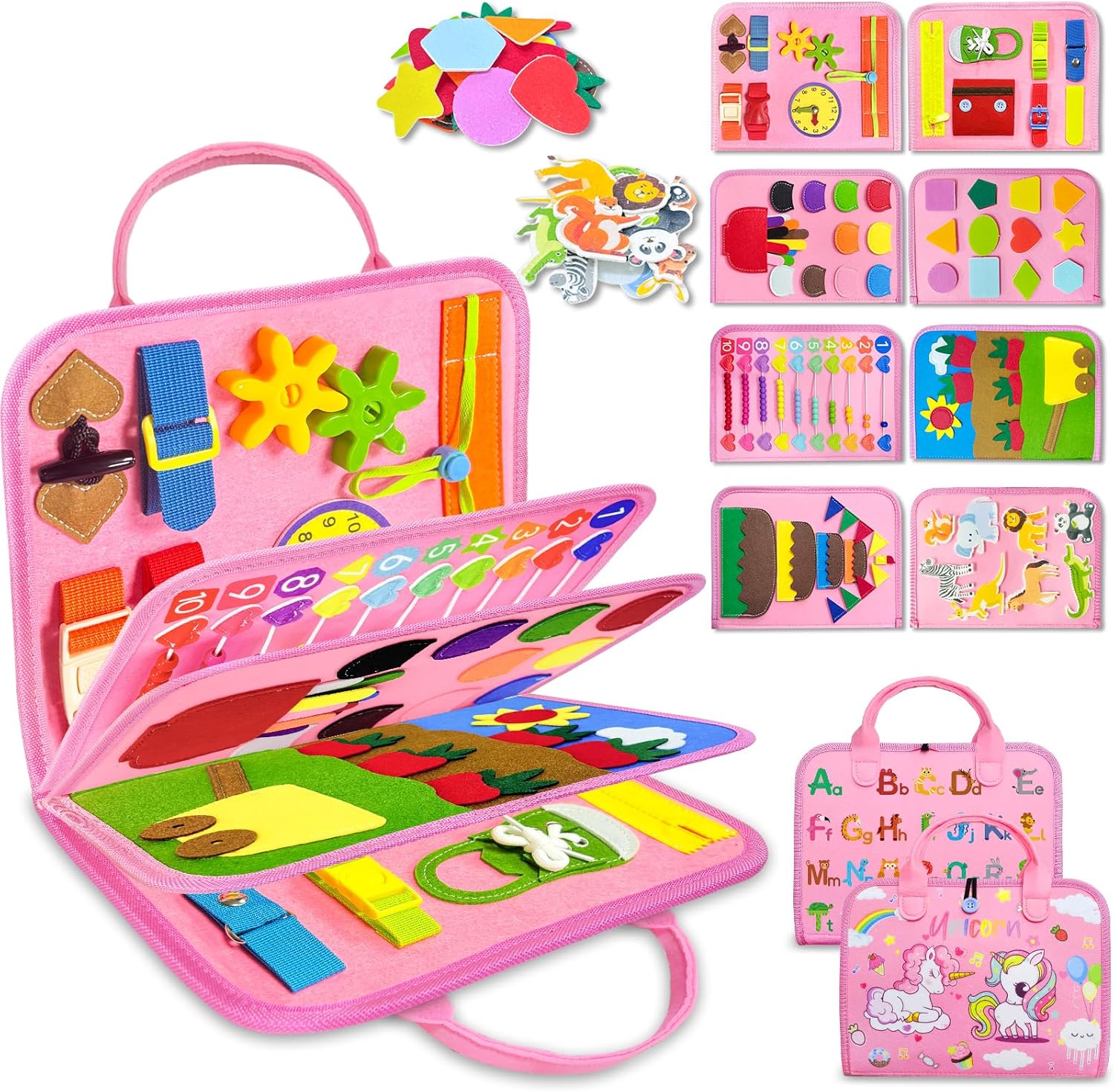 Busy Board Montessori Toys for Toddlers, 8-Page Sensory Learning Book for Travel and Education