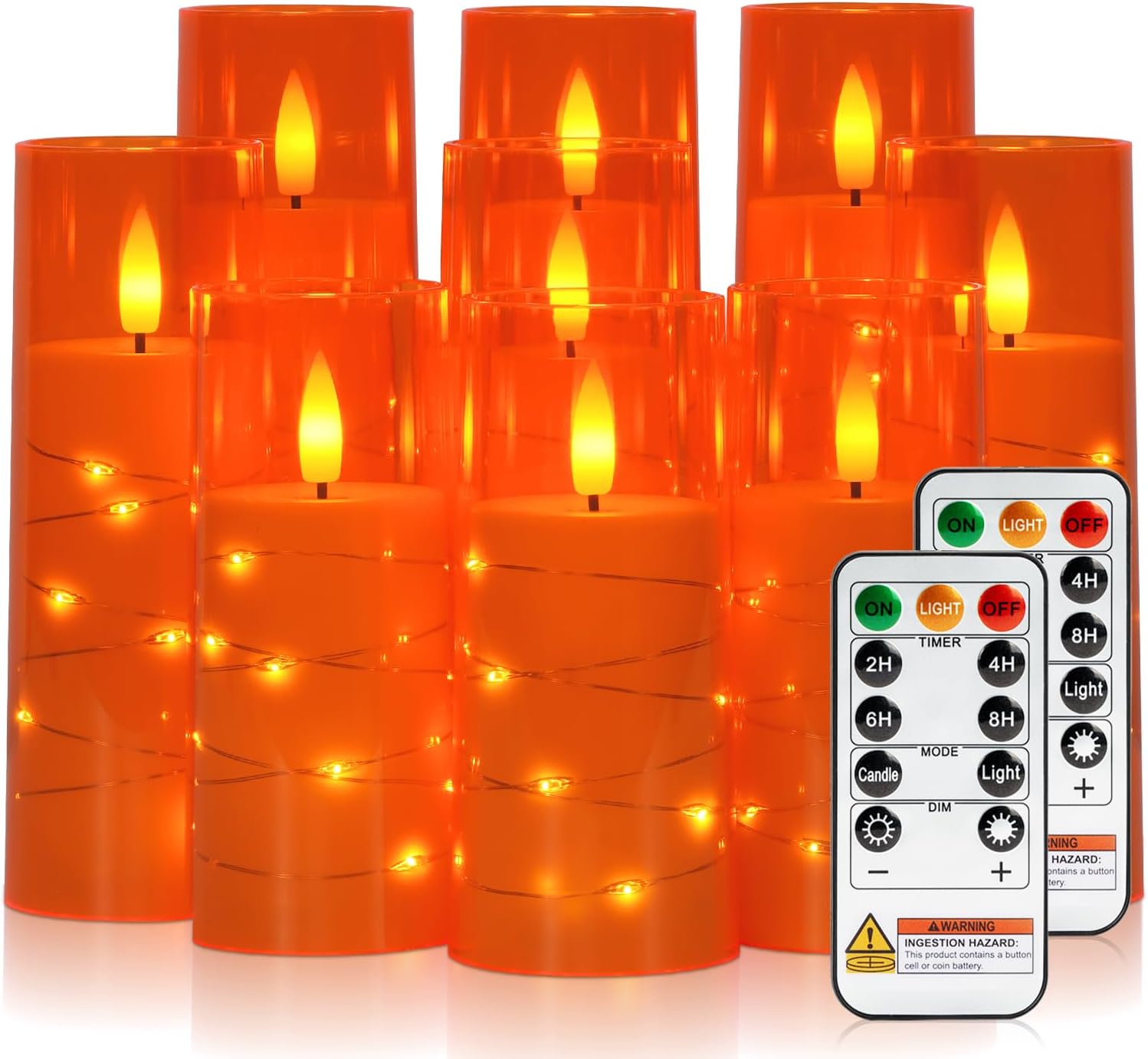 Raycare Flameless Candle with Remote Timer �C 9 Flickering Acrylic Battery Operated LED Pillar Candles with Embedded Star String for Halloween, Home Decor, and as a Gift (Orange)