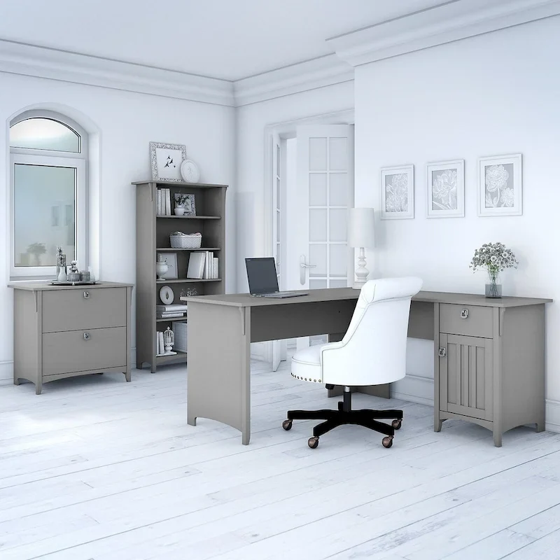L-Shaped Desk Office Suite with File Cabinet and Bookcase, Cape Cod Gray