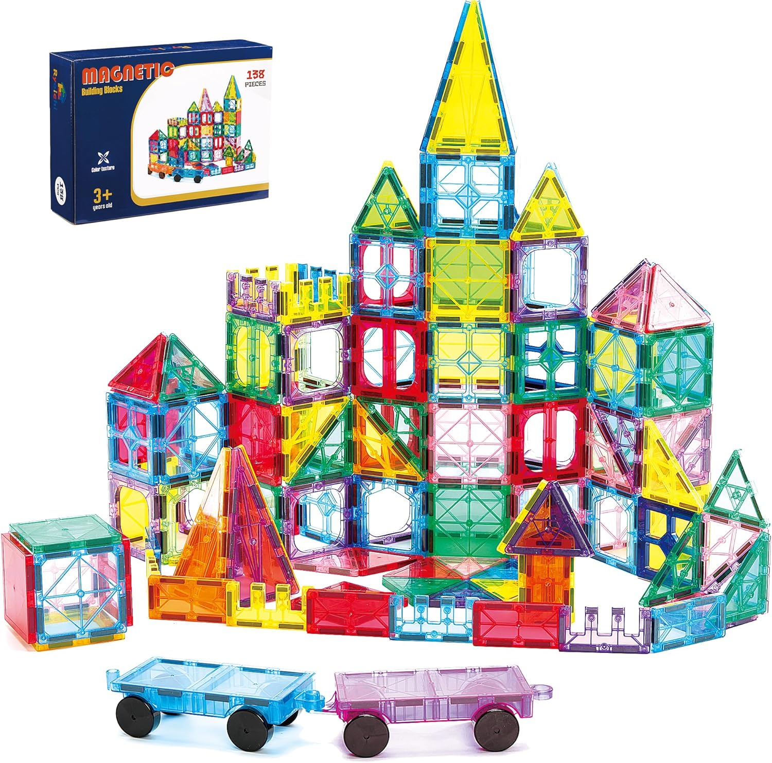 138PCS Magnetic Tiles Set with 2 Cars, STEM Educational Construction Building Blocks for Kids