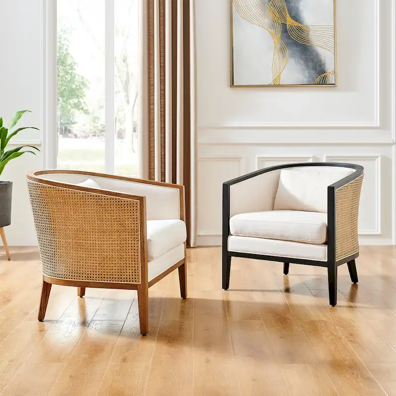 Linen Accent Arm Chair with Rattan Frame