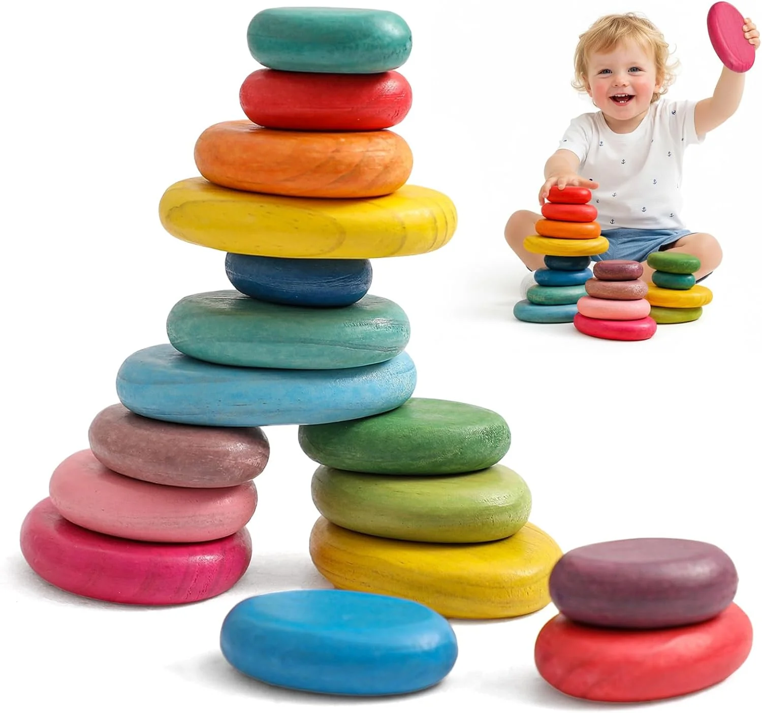 16 PCS Extra-Large Wooden Stacking Rocks for Toddlers, Montessori Sensory Balancing Stones