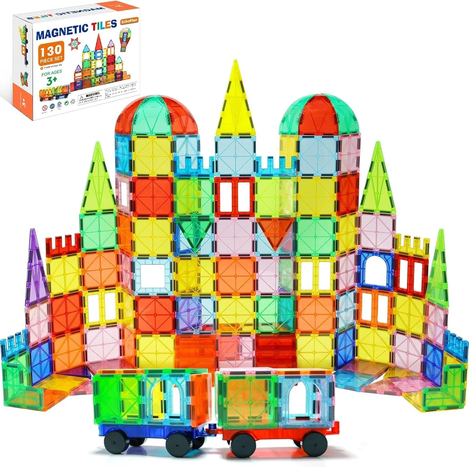 130PCS Magnetic Tiles Building Blocks Set with 2 Cars, STEM Sensory Educational Toys for Kids 3-12