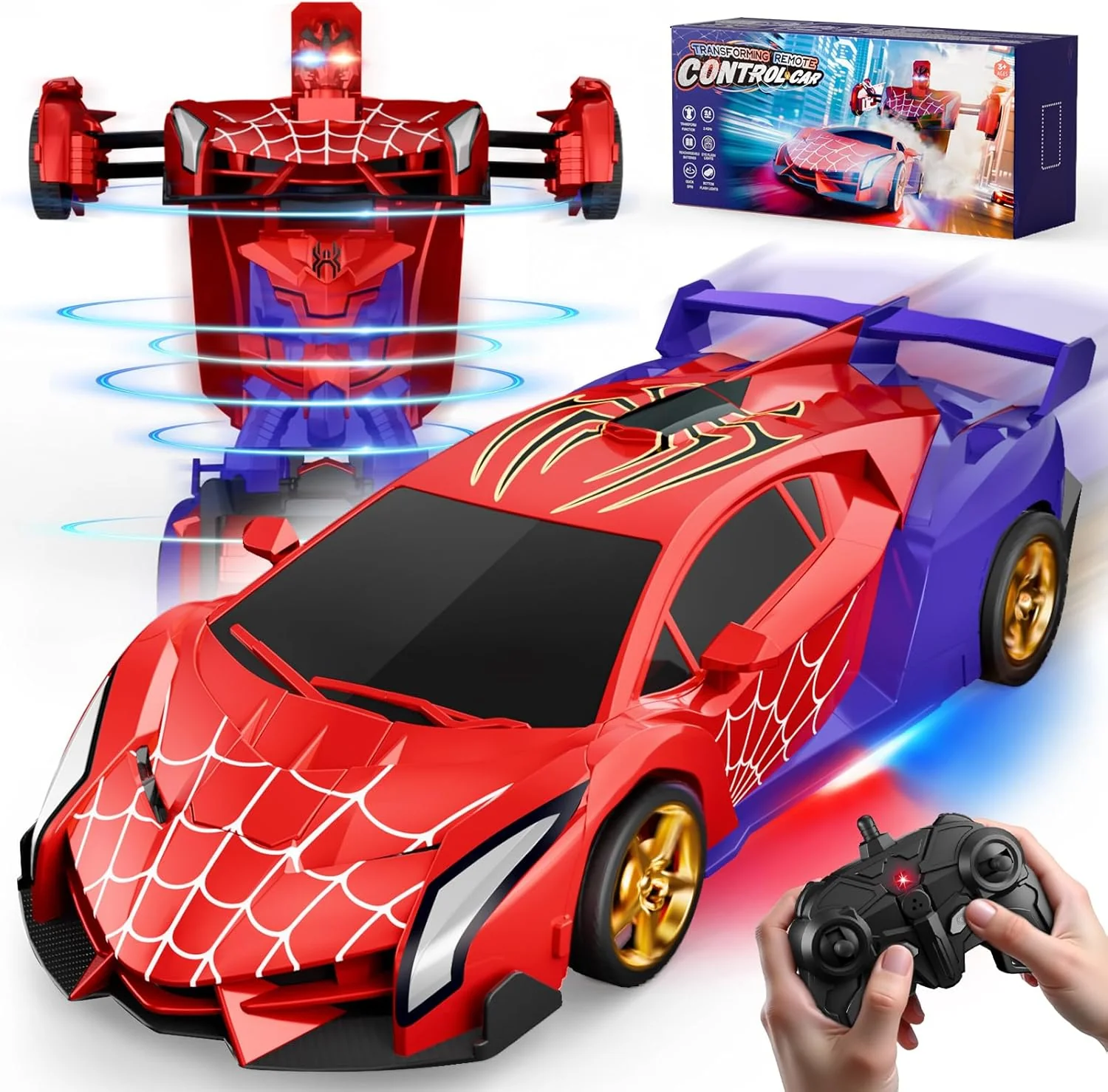 Spider Transform RC Car with Eye & Underbody Lights, 2.4GHz One-Button Deformation Robot Toy