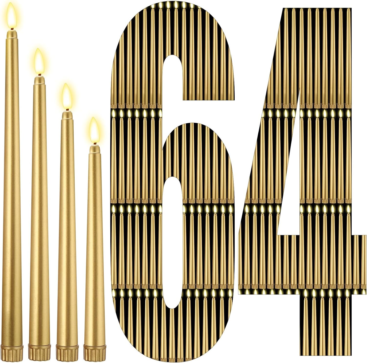 Rossesay 64 Pcs Wedding Flameless LED Taper Candles Battery Operated Candles 4 Sizes of 8.5'', 9.65'', 10.83'', 12.8'' Candlesticks Flickering for Halloween Christmas Church Wedding(Gold)