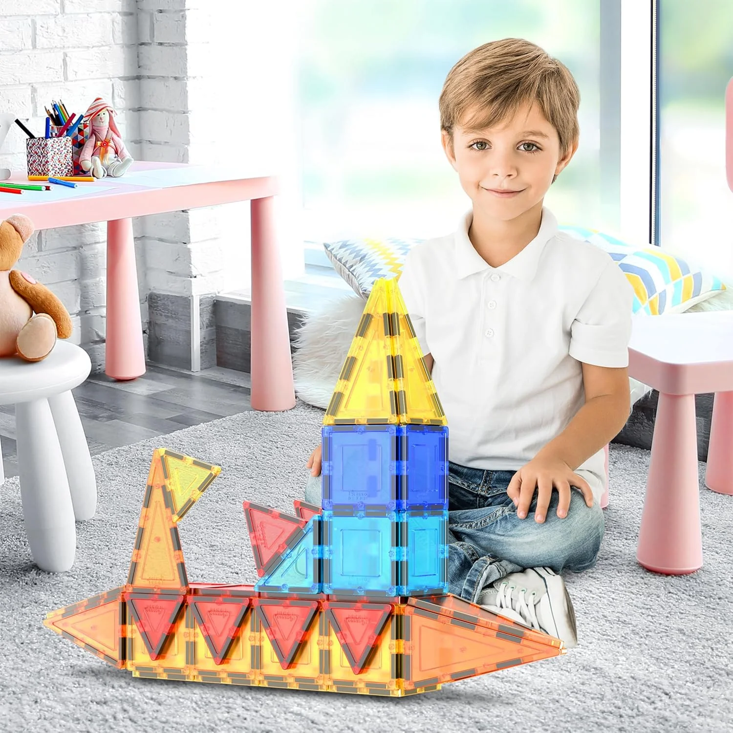 60 Piece Magnetic Building Tiles Set - Clear 3D Construction Blocks for STEM Learning