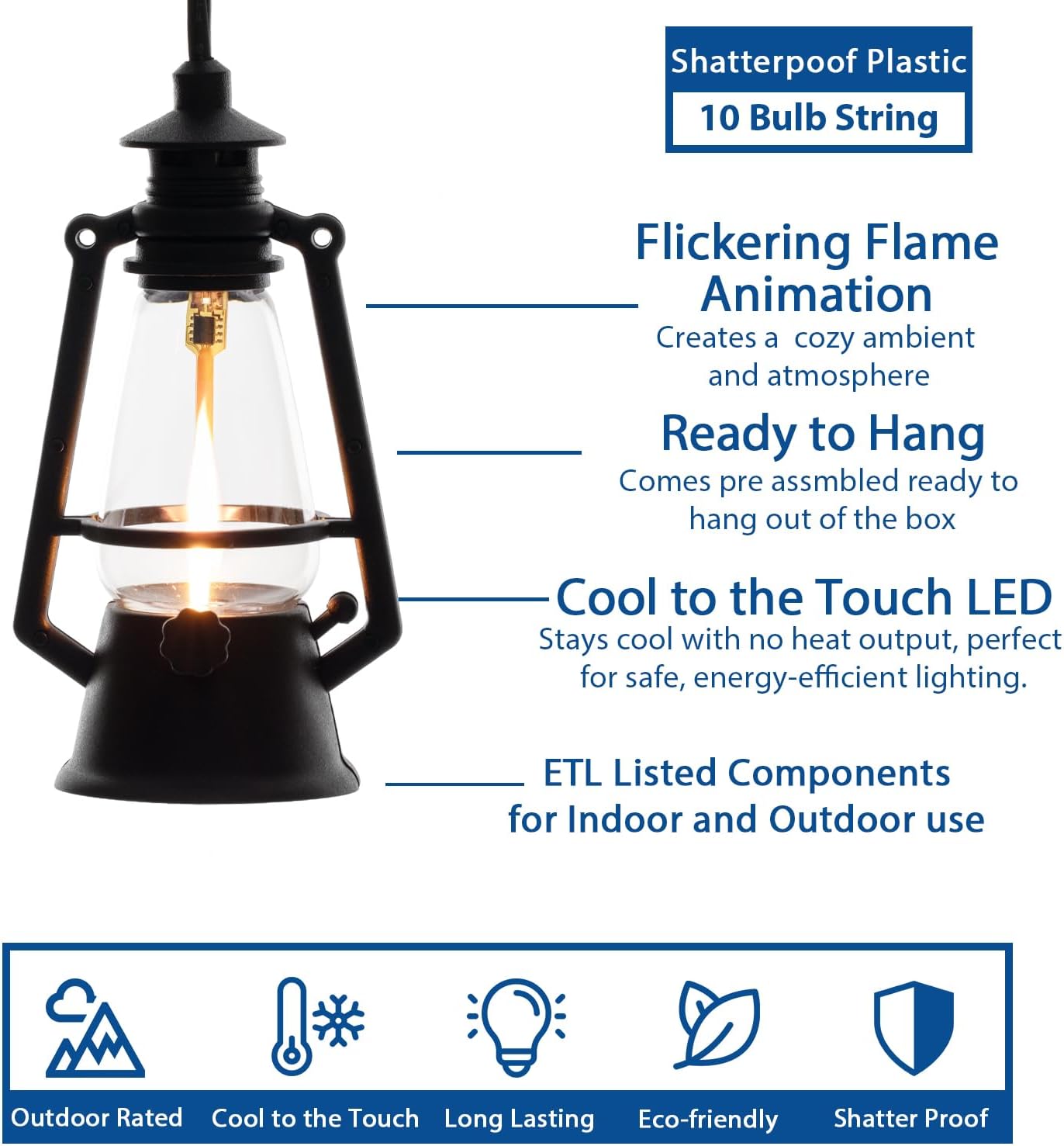 10 Light LED Flicker Flame Plastic Oil Lamp String Set, 20ft Black Wire �C Indoor/Outdoor Vintage Flame Effect