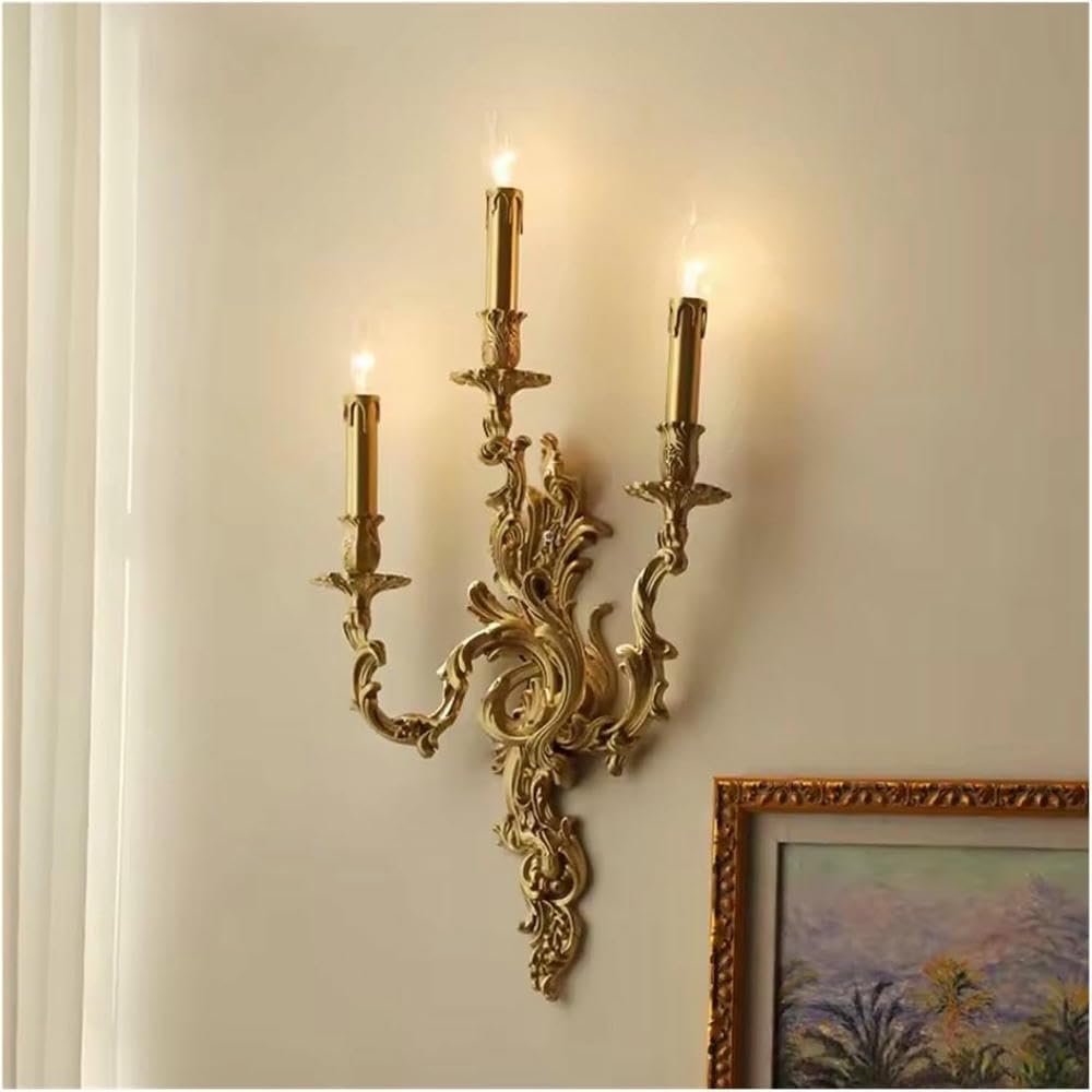 Wall Lamp Vintage Copper Candle Wall Lamp Living Room Bedroom Bedside Corridor Aisle Stair Sconce French Lighting Home Decor(White Light buld,3 Heads)