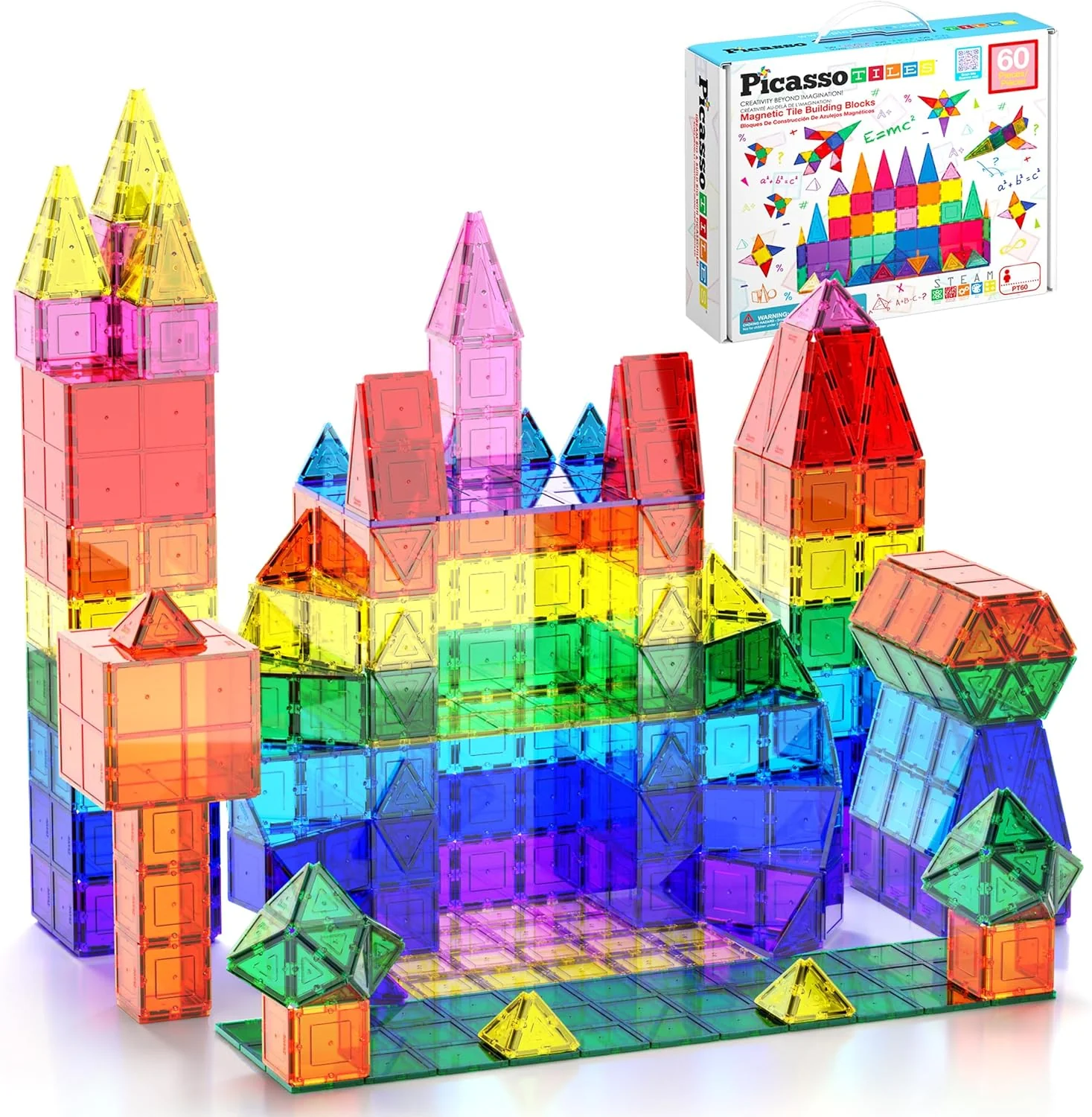 60 Piece Magnetic Building Tiles Set - Clear 3D Construction Blocks for STEM Learning