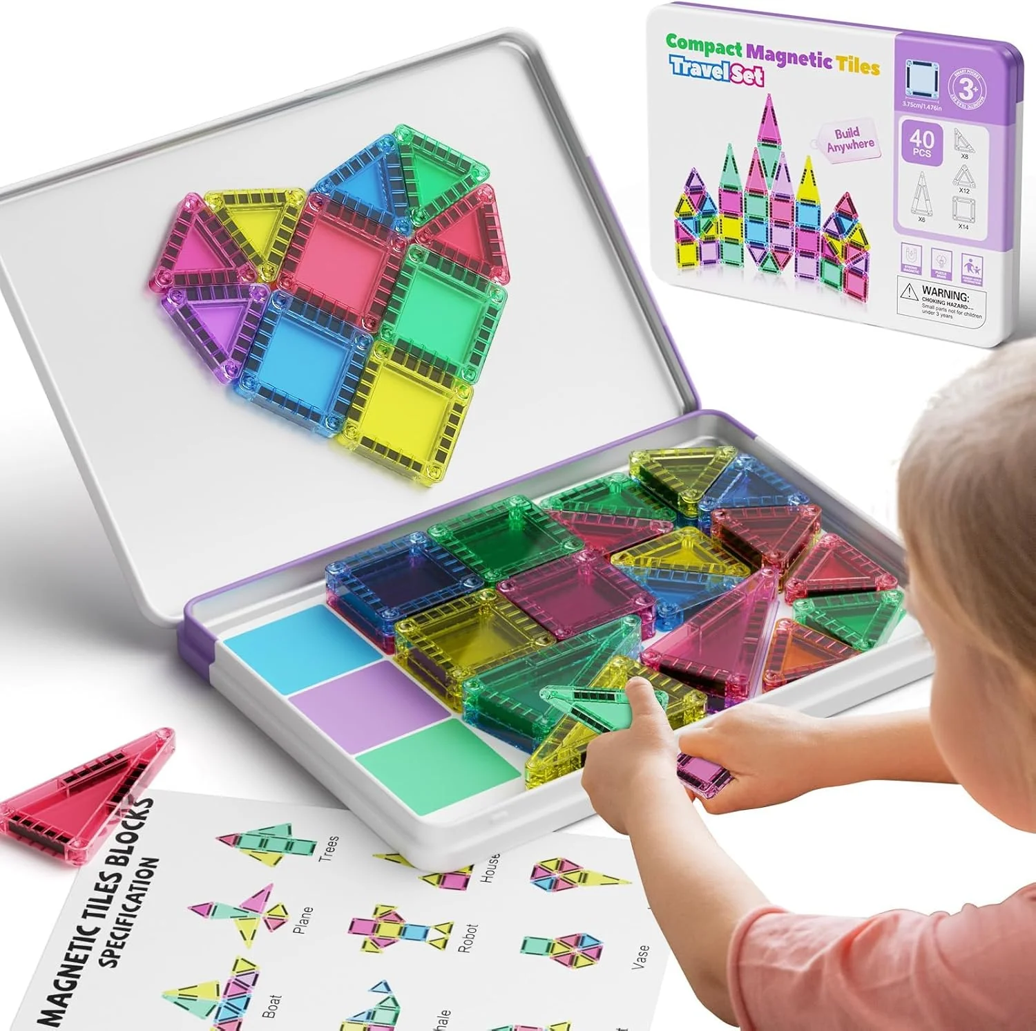 Mini Magnetic Tiles Building Blocks 40PCS - Montessori Educational Travel Construction Set with Storage Box