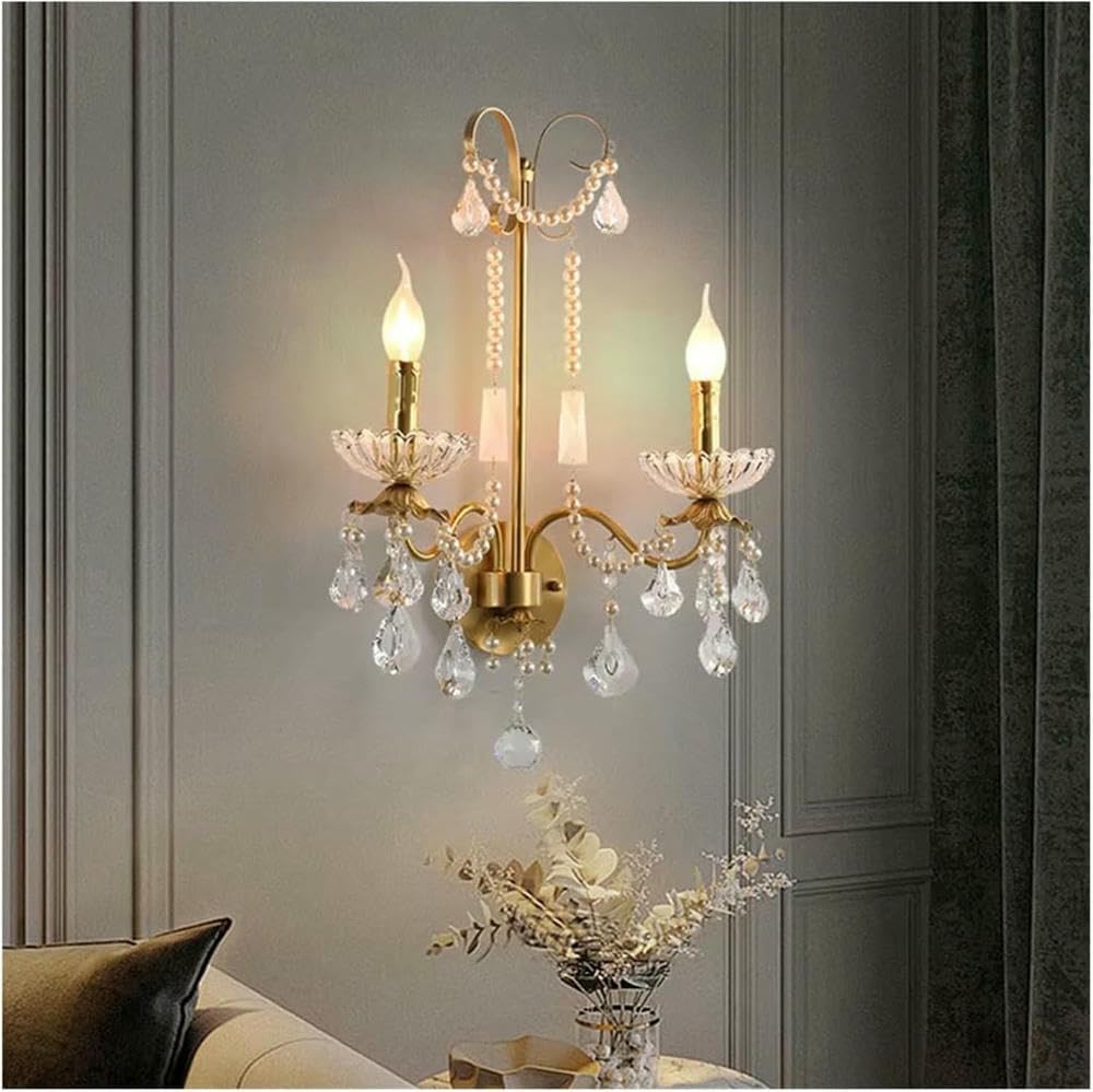 Wall Lamp Retro Palace Crystal Pearl Wall Lamp Corridor Bedroom Bedside Living Roo Dector Aisle Staircase Candle Lighting,Hallway(2 Colors Changeable)