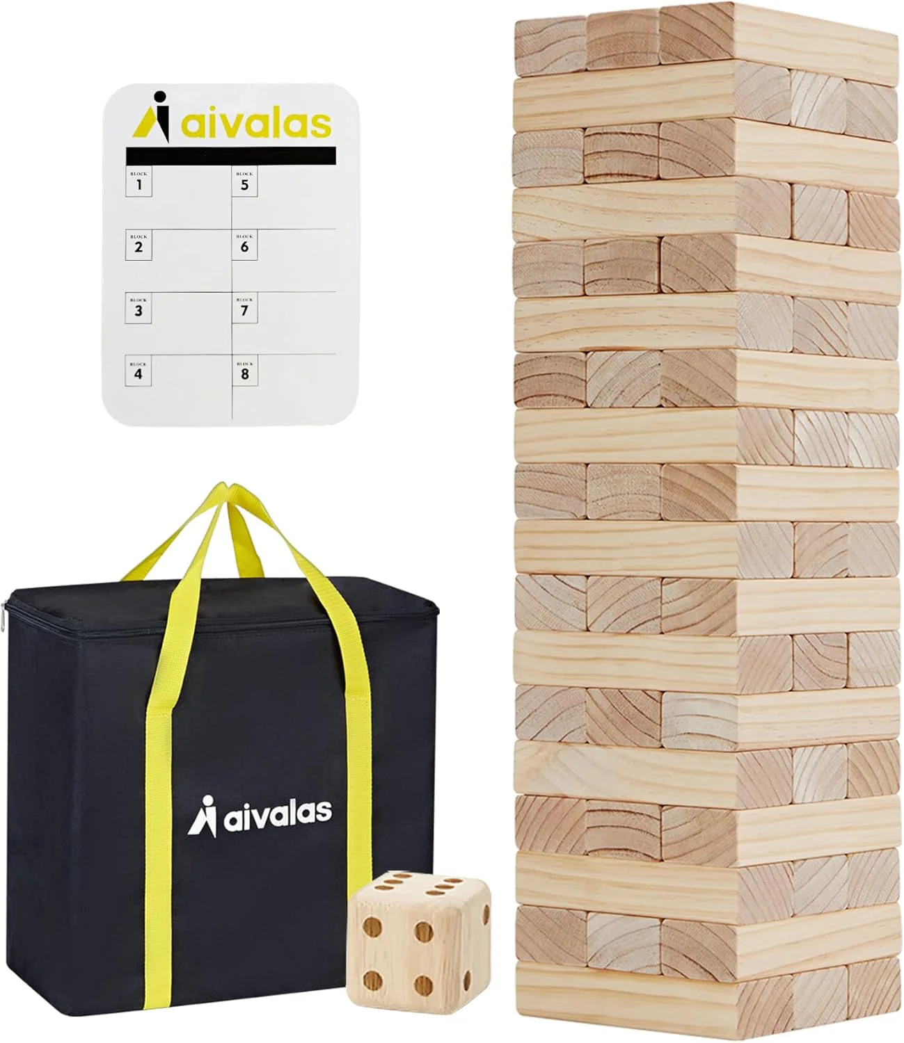 Giant Timber Blocks Game, 57 Large Pine Wood Stacking Blocks with Carry Bag and Scoreboard