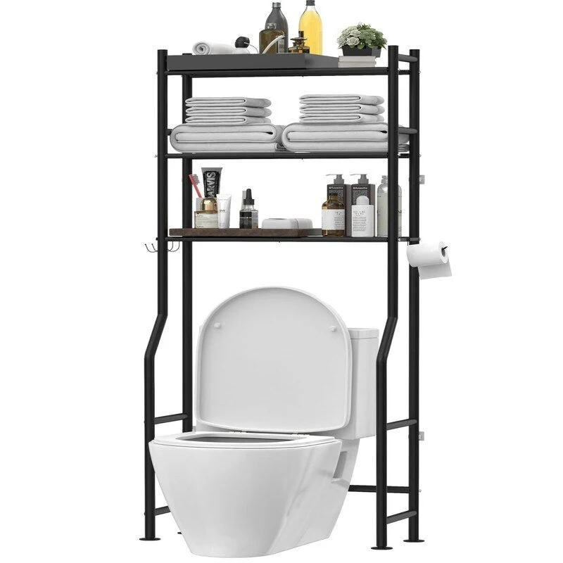 3-Tier Over-Toilet Storage Rack with 4 Hooks and Paper Holder, Carbon Steel, 26 x 8.6 x 64