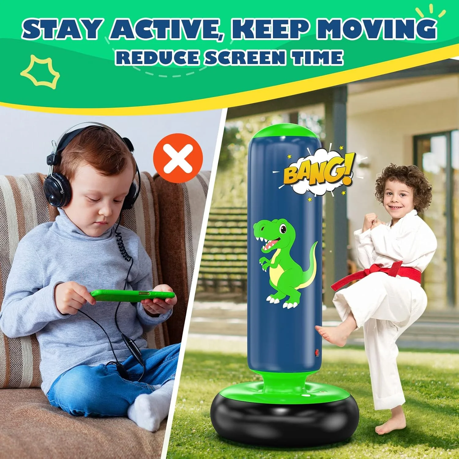 48 Inch Inflatable Dinosaur Punching Bag with Boxing Gloves for Kids Ages 3-8