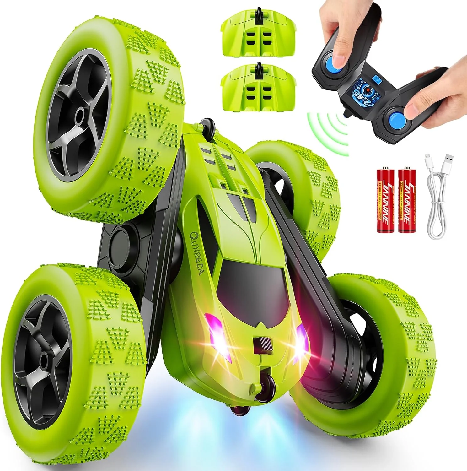 Remote Control Stunt Car for Kids 6+, 4WD Double Sided 360° Rotating RC Toy with Headlights
