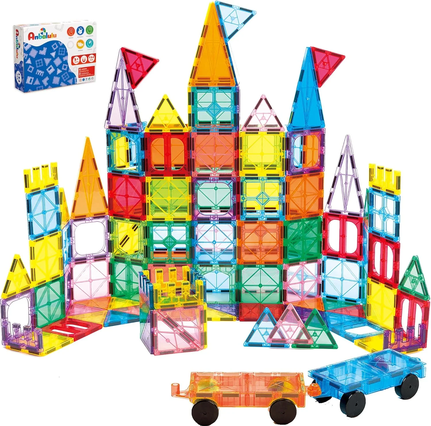 134PCS Magnetic Building Tiles Set - 3D STEM Stacking Blocks with 2 Cars for Kids