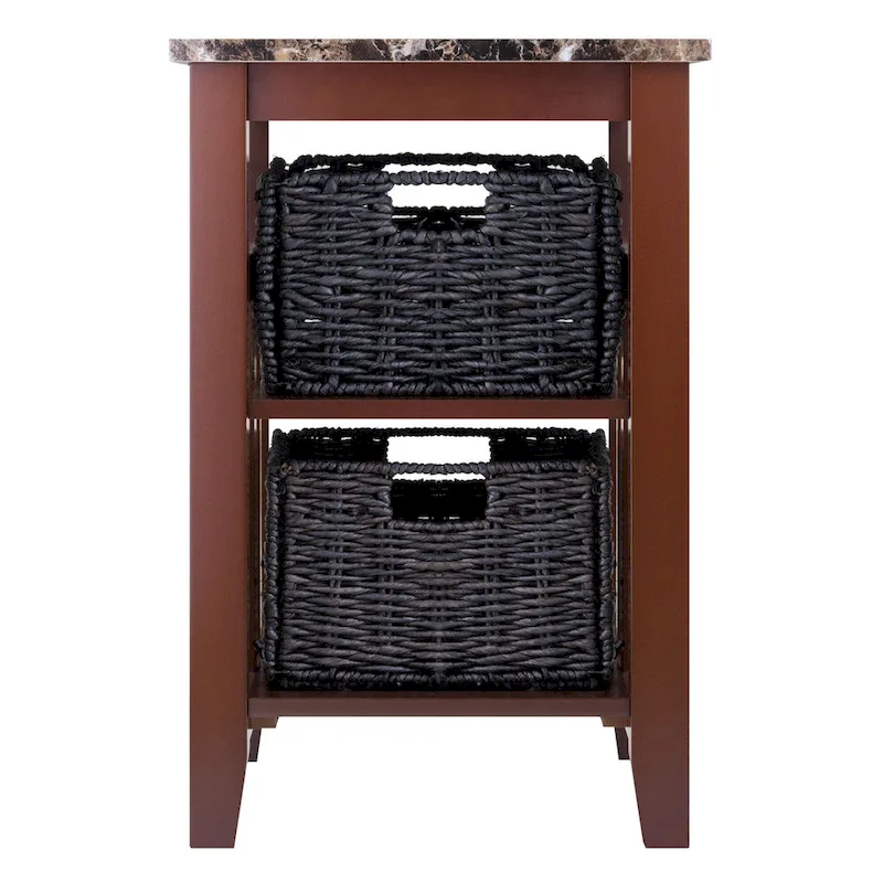 Side Table with Faux Marble Top and 2 Woven Baskets