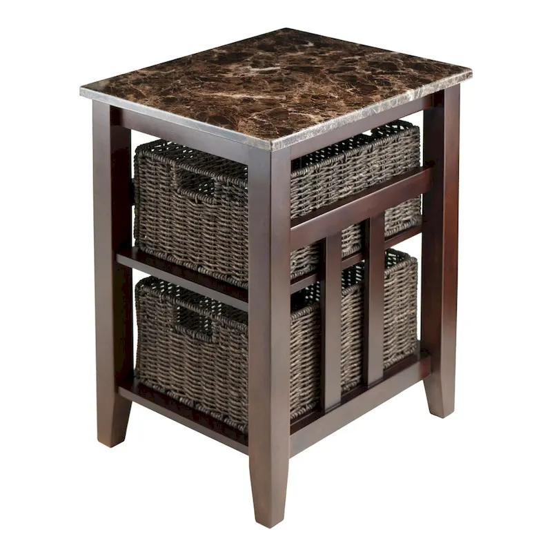 Side Table with Faux Marble Top and 2 Woven Baskets