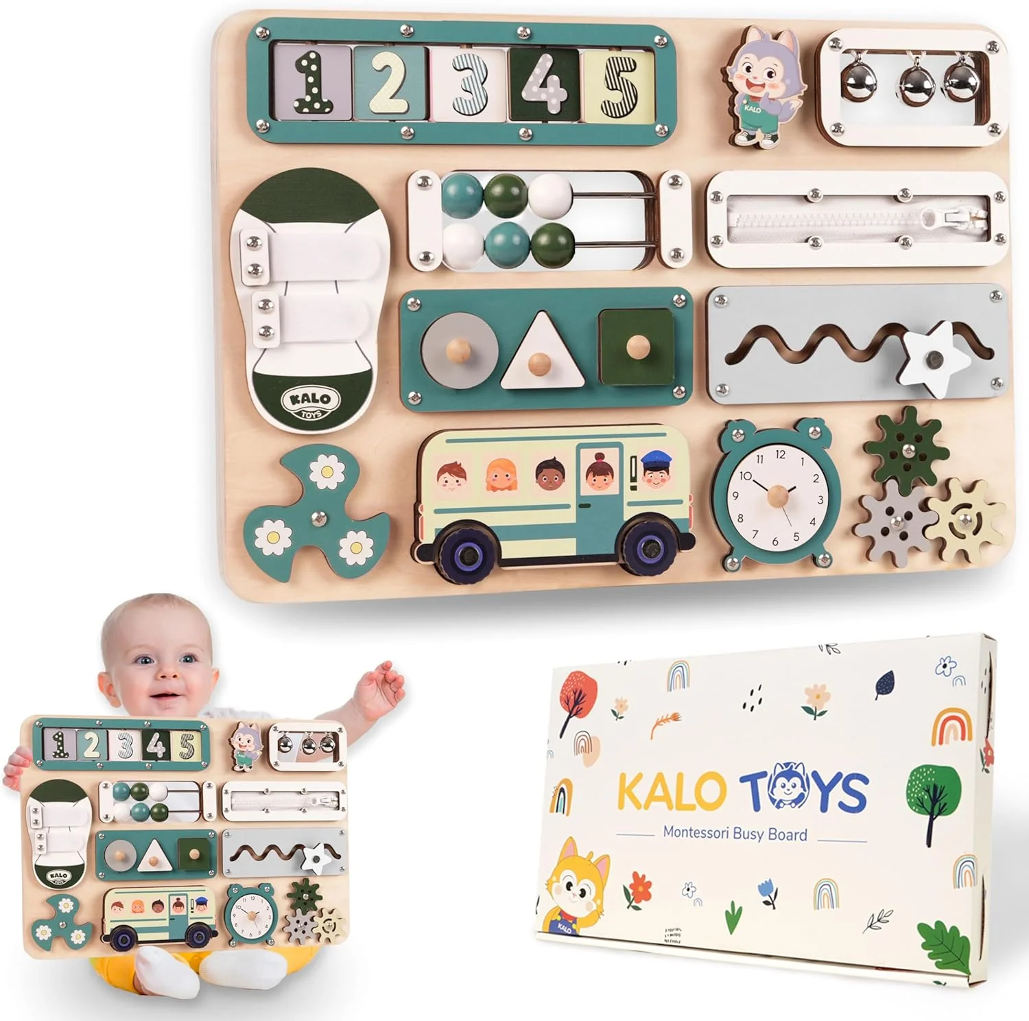 KALOTOYS Large Montessori Busy Board for Baby & Toddlers 1-3 — 17-Inch Wooden Sensory Activity Board — Fine Motor Skills & Early Learning Educational Toy for 1 2 3 Year Old, Travel Friendly & Safe