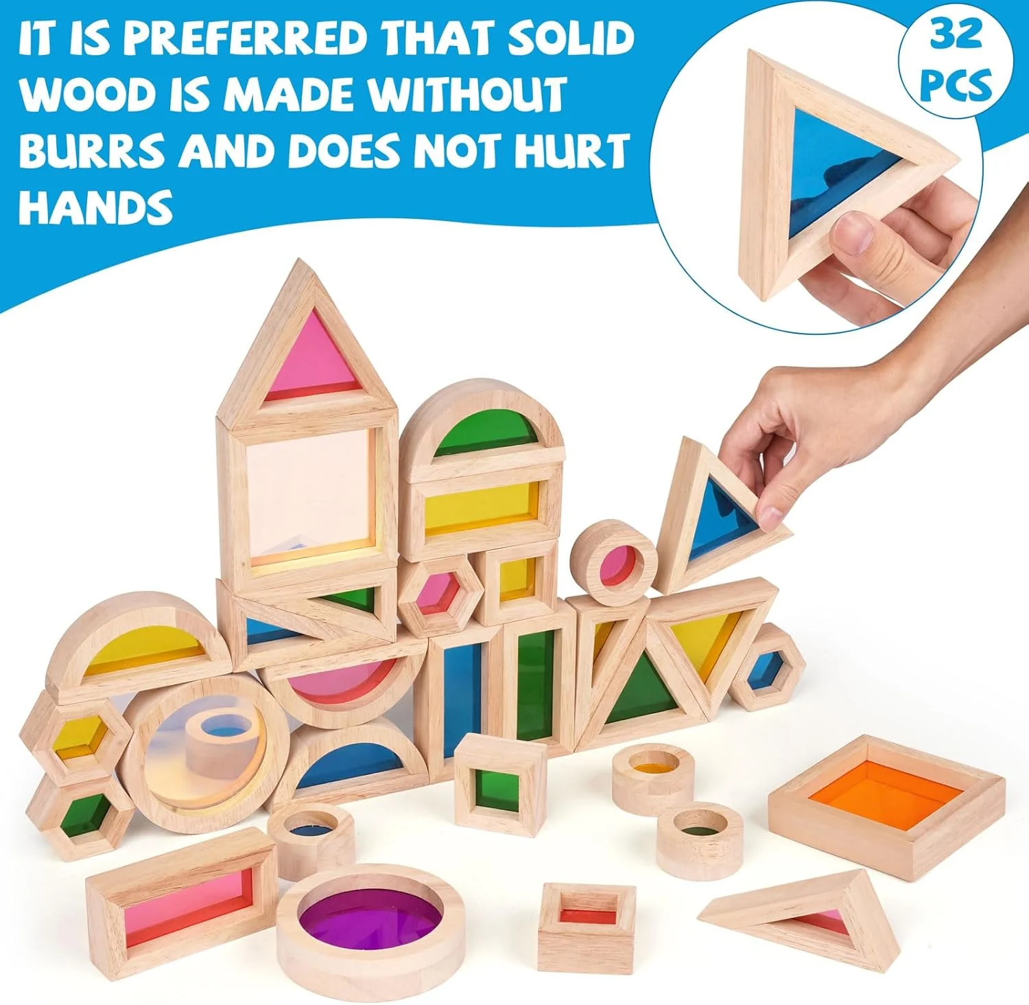 32 Pcs Wooden Rainbow Building Blocks - Stacking Geometry Construction Toys for Kids