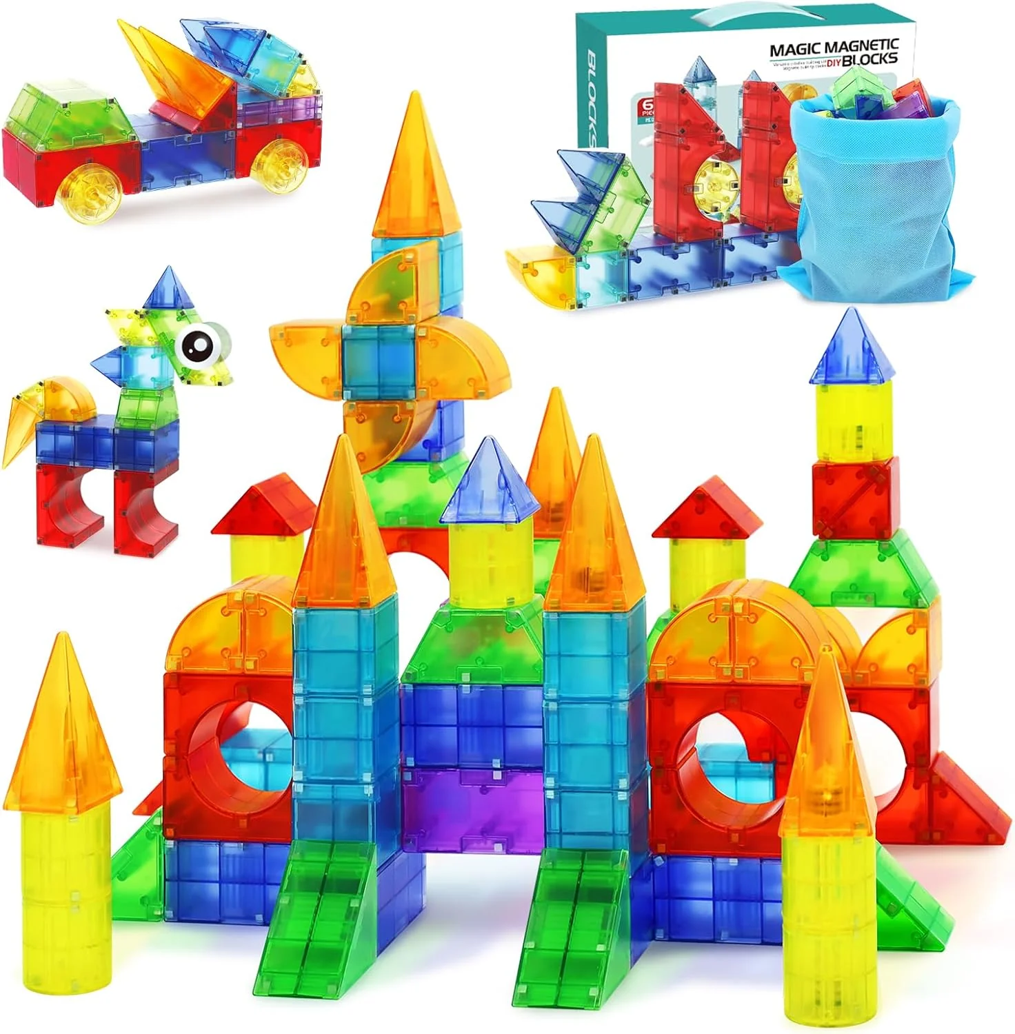 66 Piece Magnetic Blocks - Translucent Building Cubes for Kids Ages 3-8, STEM Educational Toys