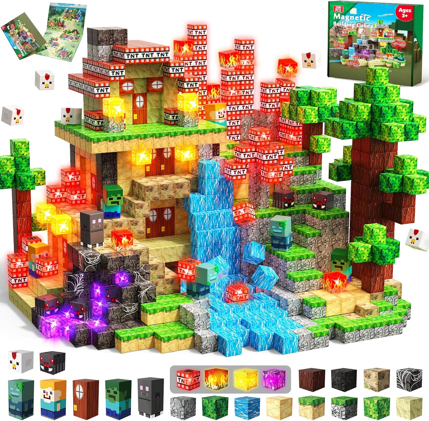 200 PCS Magnetic Building Blocks with 22 Light Up Cubes - STEM Sensory Learning Toys for Kids 3+