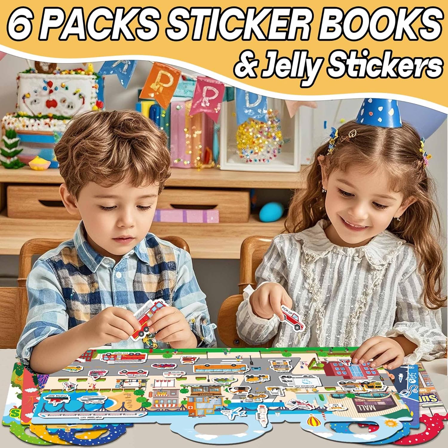 6 Sets Reusable Jelly Sticker Books for Toddlers 1-4, Educational Travel Toys for Boys and Girls