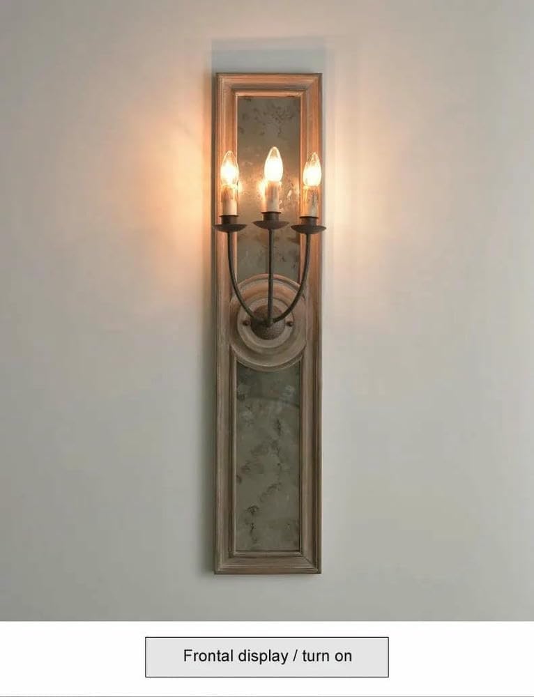 Wall Lamp American Retro Wooden Mirror Frame Wall Lamp French Living Room Bedroom Corridor Porch Old Iron Candle(Warm Light)