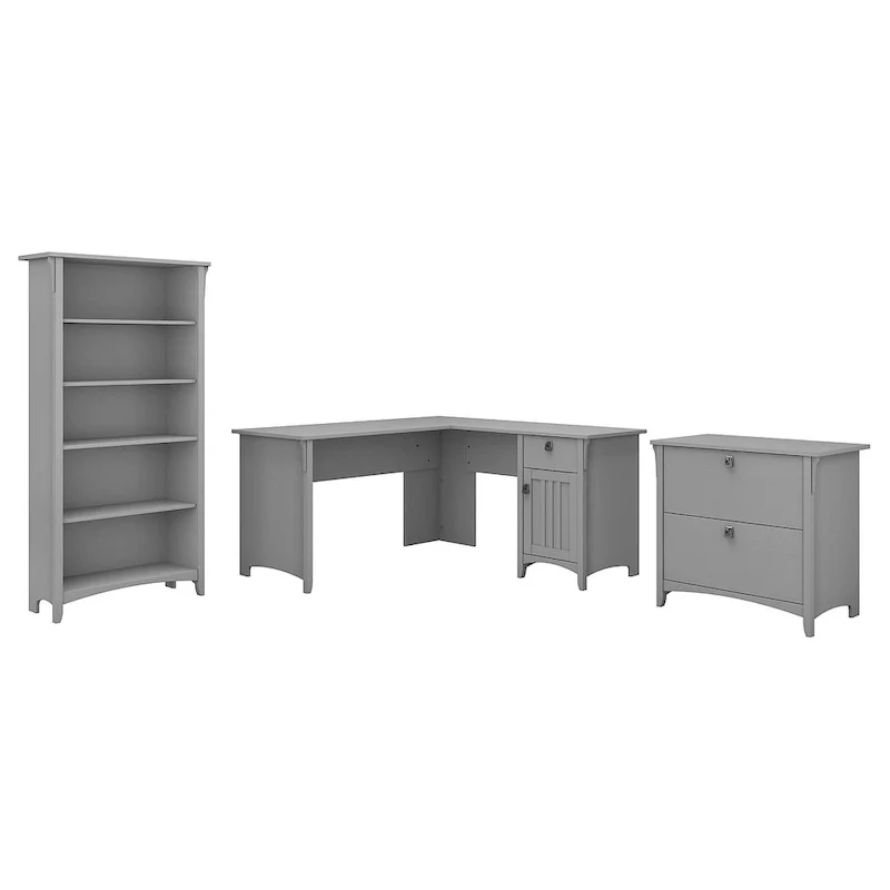 L-Shaped Desk Office Suite with File Cabinet and Bookcase, Cape Cod Gray