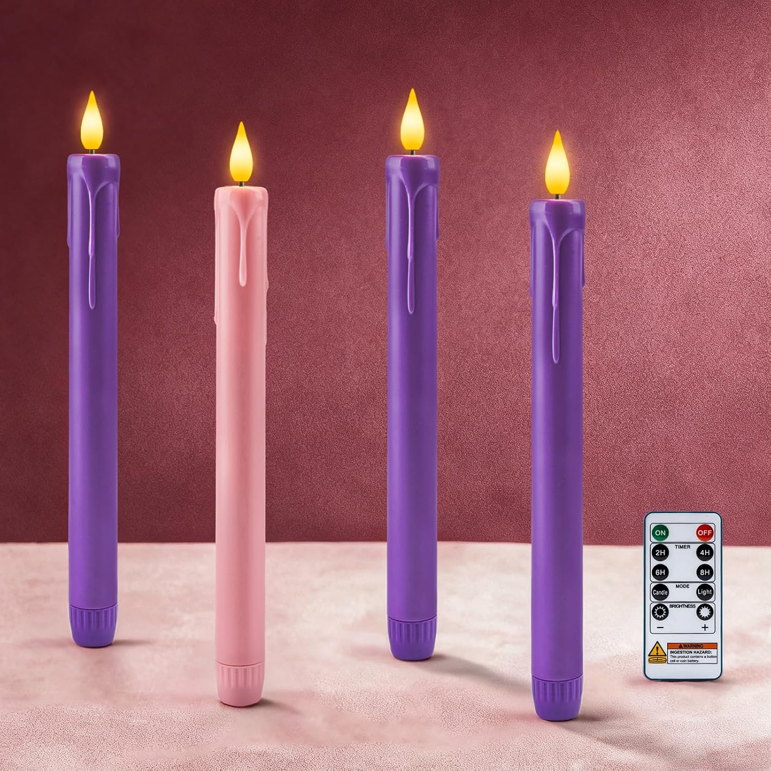 Homemory Flameless Advent Candles, Set of 4, Battery-Operated Flickering LED Candlesticks, Flameless Taper Candles with Remote Timer - 3 Purple, 1 Pink for Christmas Wreath