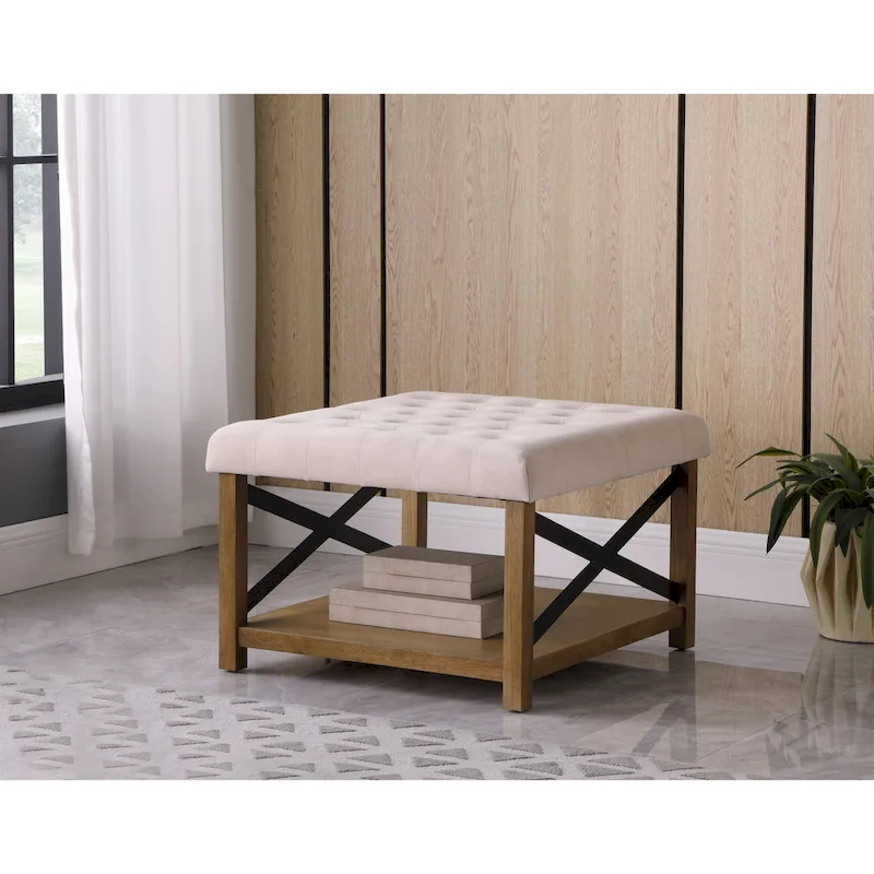 Square Tufted Storage Ottoman with Wood Shelf