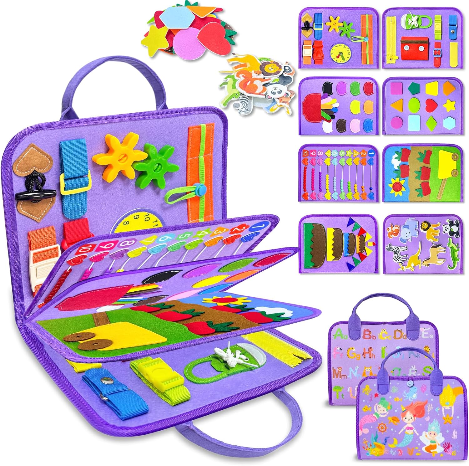 Busy Board Montessori Toys for Toddlers, 8-Page Sensory Learning Book for Travel and Education