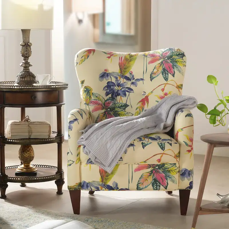 Floral Print Upholstered Armchair with Birchwood Frame