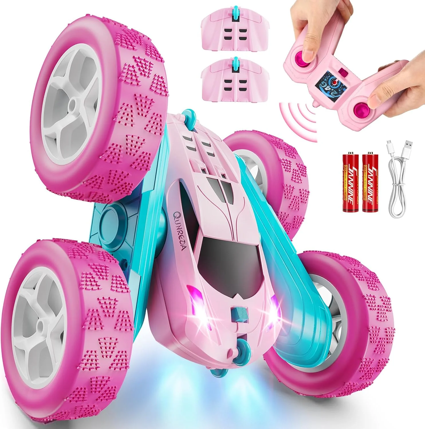 Pink Remote Control Stunt Car for Girls, 2.4GHz 360° Rotating RC Crawler with Headlights